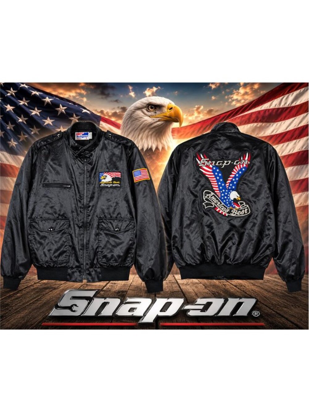 Vintage Snap-On Swingster Satin Bomber Jacket USA Eagle Flag Black Men’s L